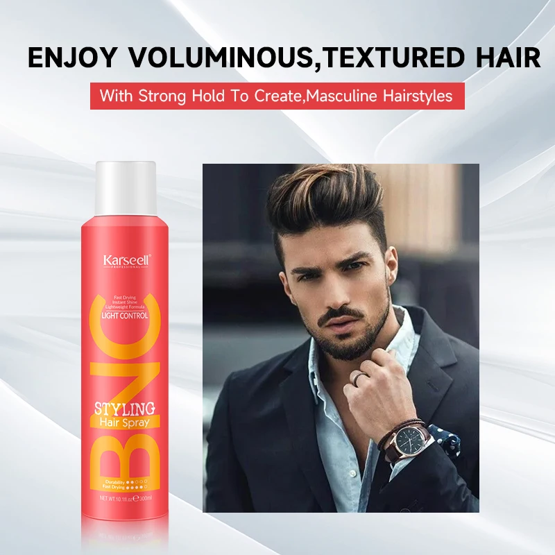 Hot Sale Karseell OEM ODM 300 ml Professional Strong Hold Curls No Residue Custom Cans Volume Hair Styling Spray For Man