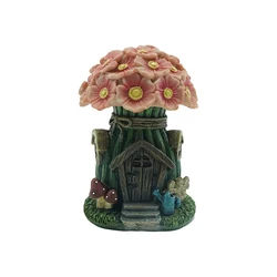 Fairy Garden House with Pink Floral Roof and Solar LED Light