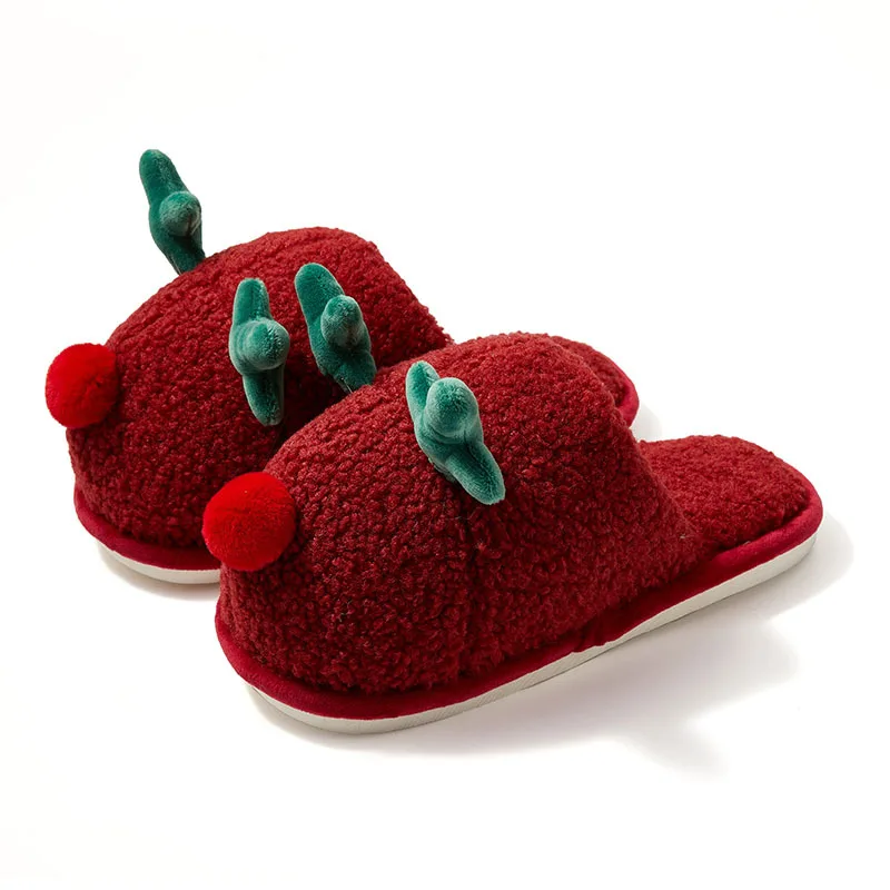 Christmas Present Women Cute Wapiti Slippers Puffy Winter Custom Animal Shaped Girls Dolls Indoor Flat Slipper Antlers Slippers