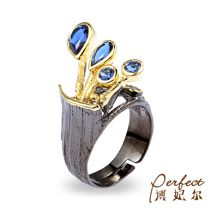 Handmade Fashion Blue Butterfly 925 Sterling Silver Ring with Gold Plated