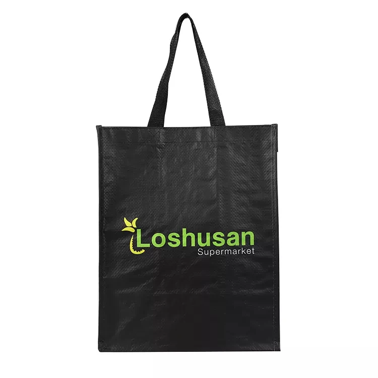Black custom your own logo printed recyclable grocery packaging pp woven shopping bag tote