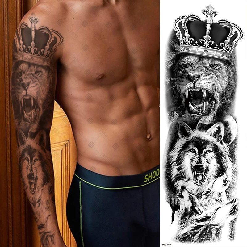 Wholesale Large Arm Sleeve 3D Tattoo Waterproof Temporary Tattoo Sticker Lion Crown King RoseWild Wolf Tiger Men Full Skull
