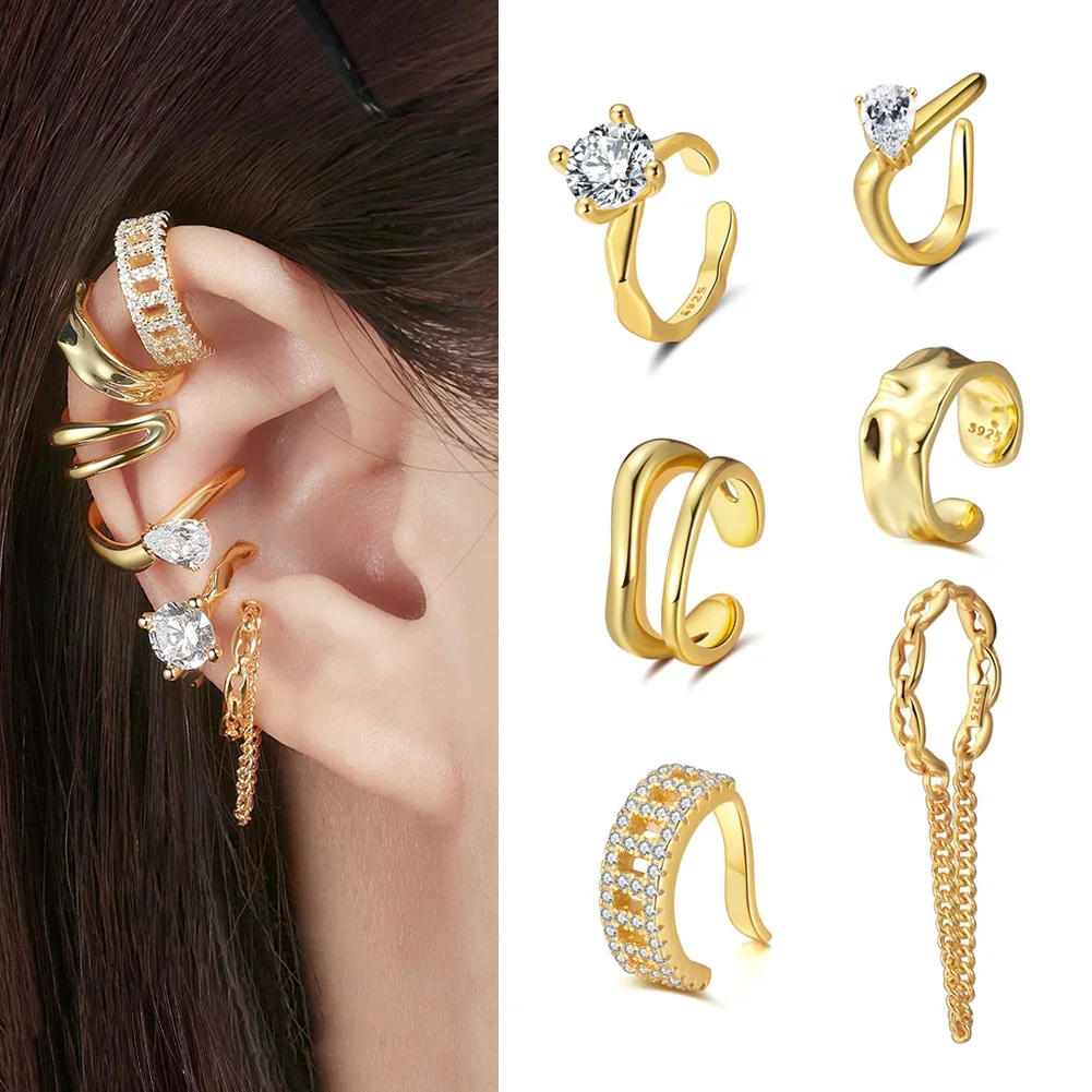 925 Sterling Silver Dainty clip-on earring 18k Gold Plated Ear Clip Waterproof Non Pierced Ear Cuff Earrings For Women