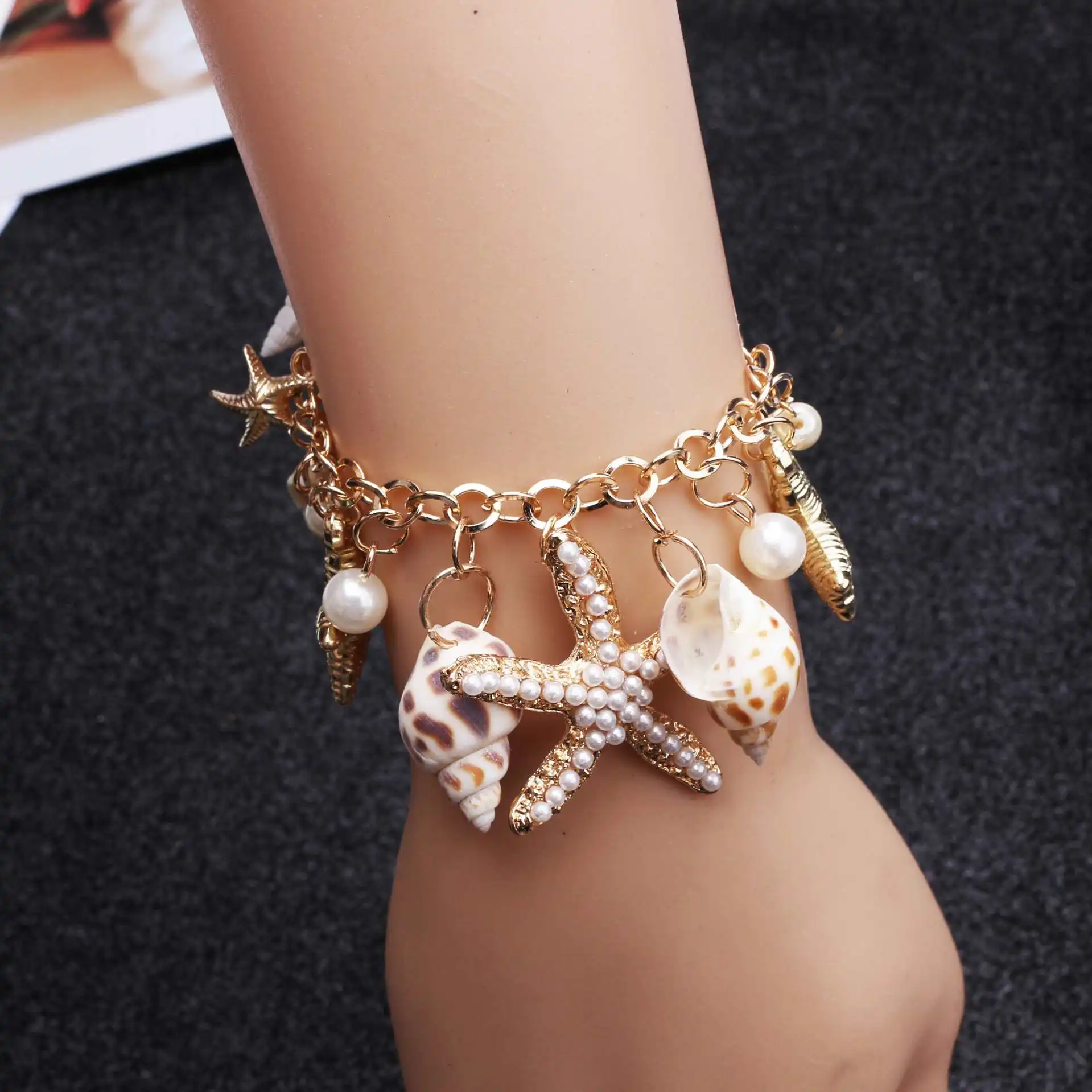 Wholesale jewelry Shell starfish conch shape charm gold plated Ocean Unisex Bohemia Style Boho Chic Bracelet
