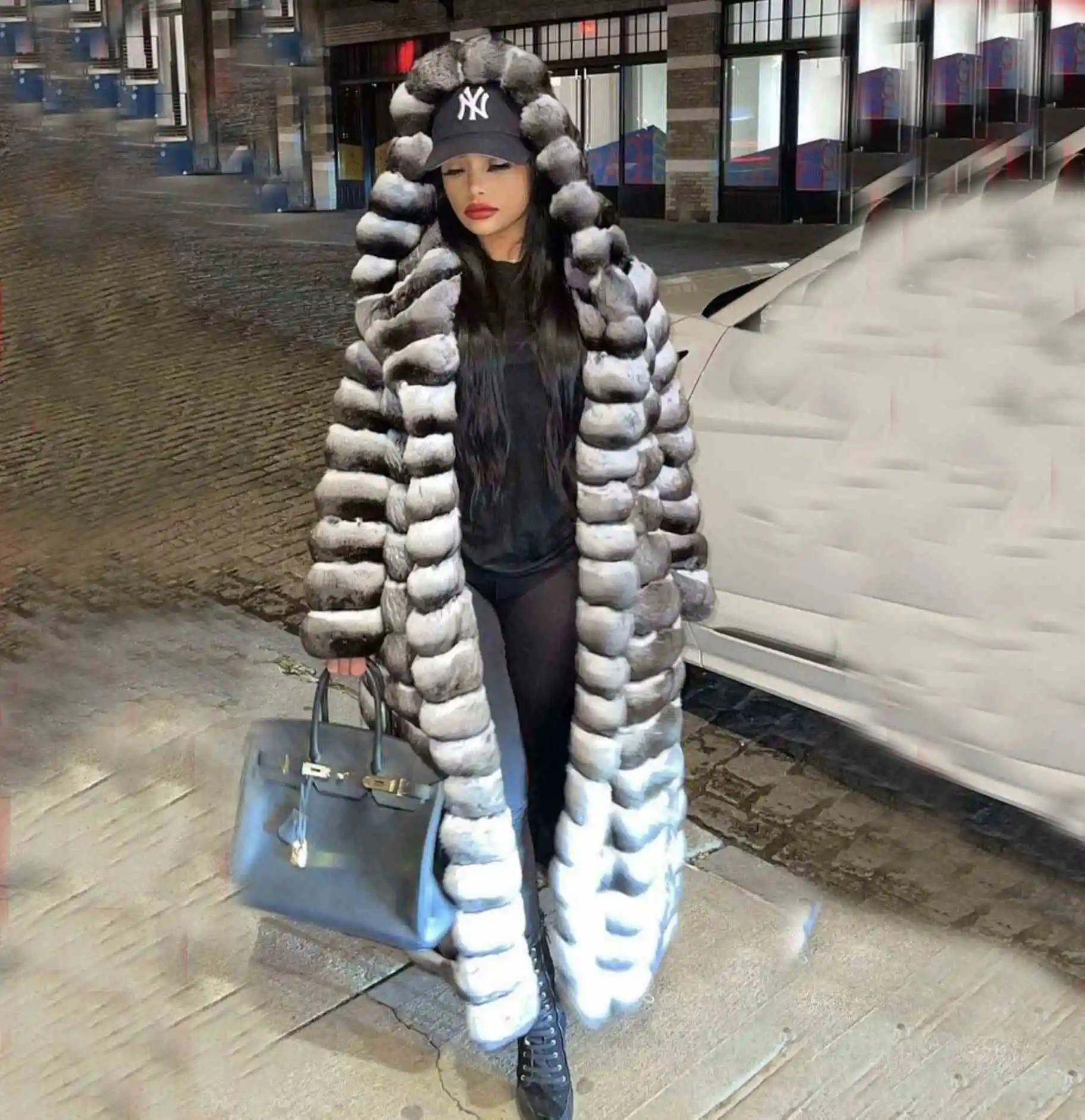 Winter Luxury New Chinchilla 1m Fur Long Coat Plus Size Collar Coats With Fur for Ladies Extra Long in Winter Fox Fur Jacke