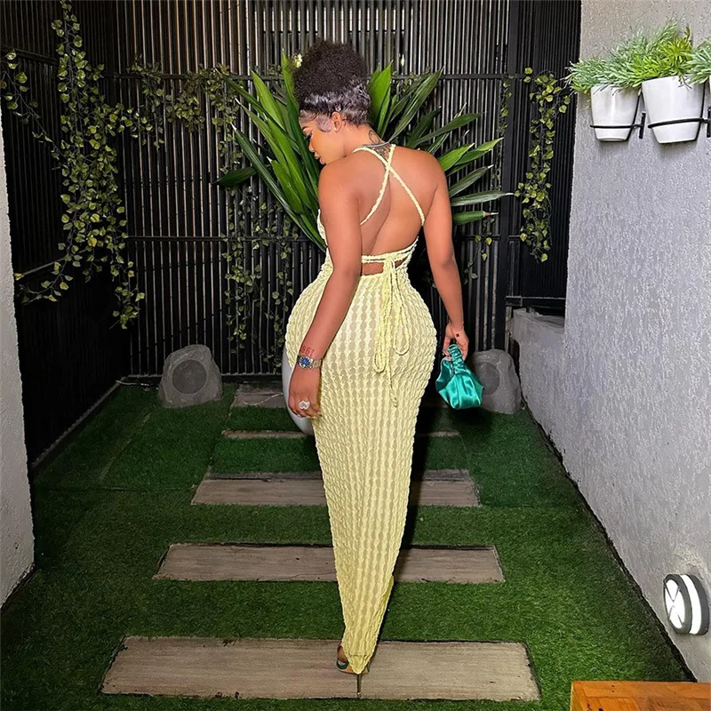 X1383 - fashion trendy plain floor length bandage halter backless sleeveless elegant casual dresses