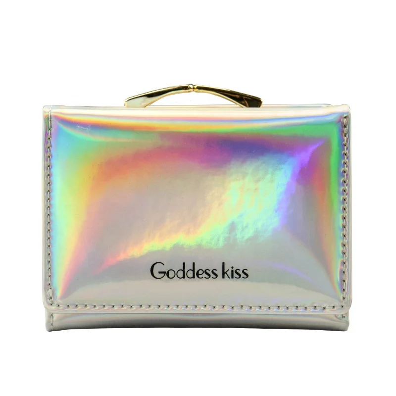 
high quality holographic foldable Short Small Coin Purse laser pu women card holder wallet 