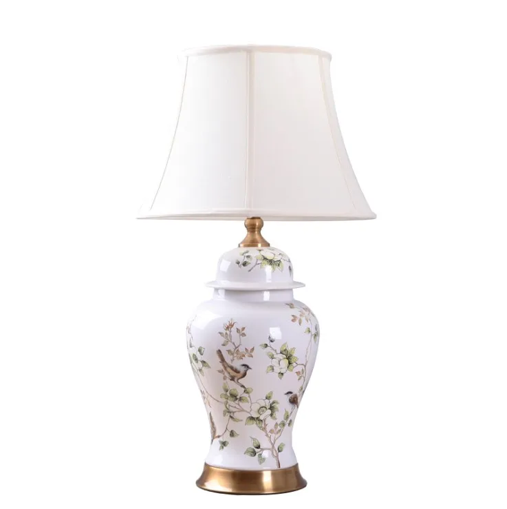 Flower and birds design white ceramic jar table base lamp with lampshade