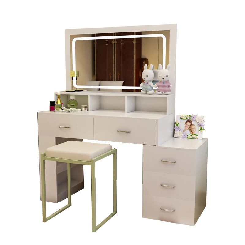 Modern Furniture Vanity Makeup Dresser One Set Design Metal Feet Bedroom Dressing Table with LED Mirror Wireless Charging