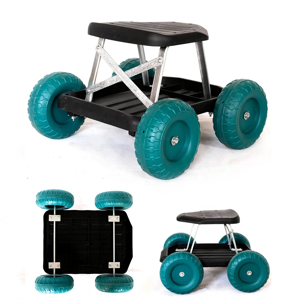 Portable Stackable Plastic Metal Frame Lightweight Removable Garden Trolley Seat Wheeled Gardening Cart Work Seat