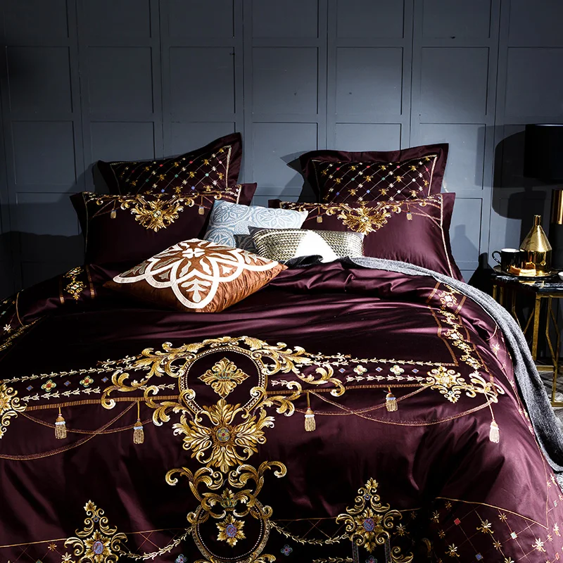 Wine Red Luxury Egyptian Cotton Gold Royal Embroidery Palace Bed Linen Bedding Set Duvet Cover