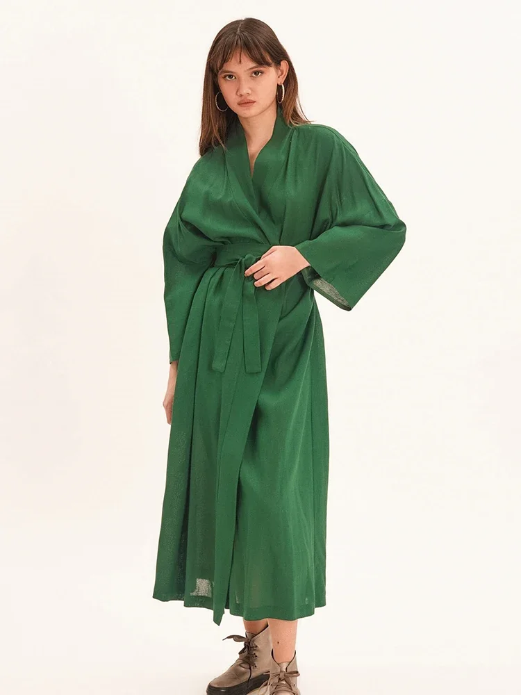 Hiloc Green Cotton Light Robes For Coverage Mid-Calf Night Dress Women Robe With Sashes Long Sleeve Bathrobe Female Albornoces