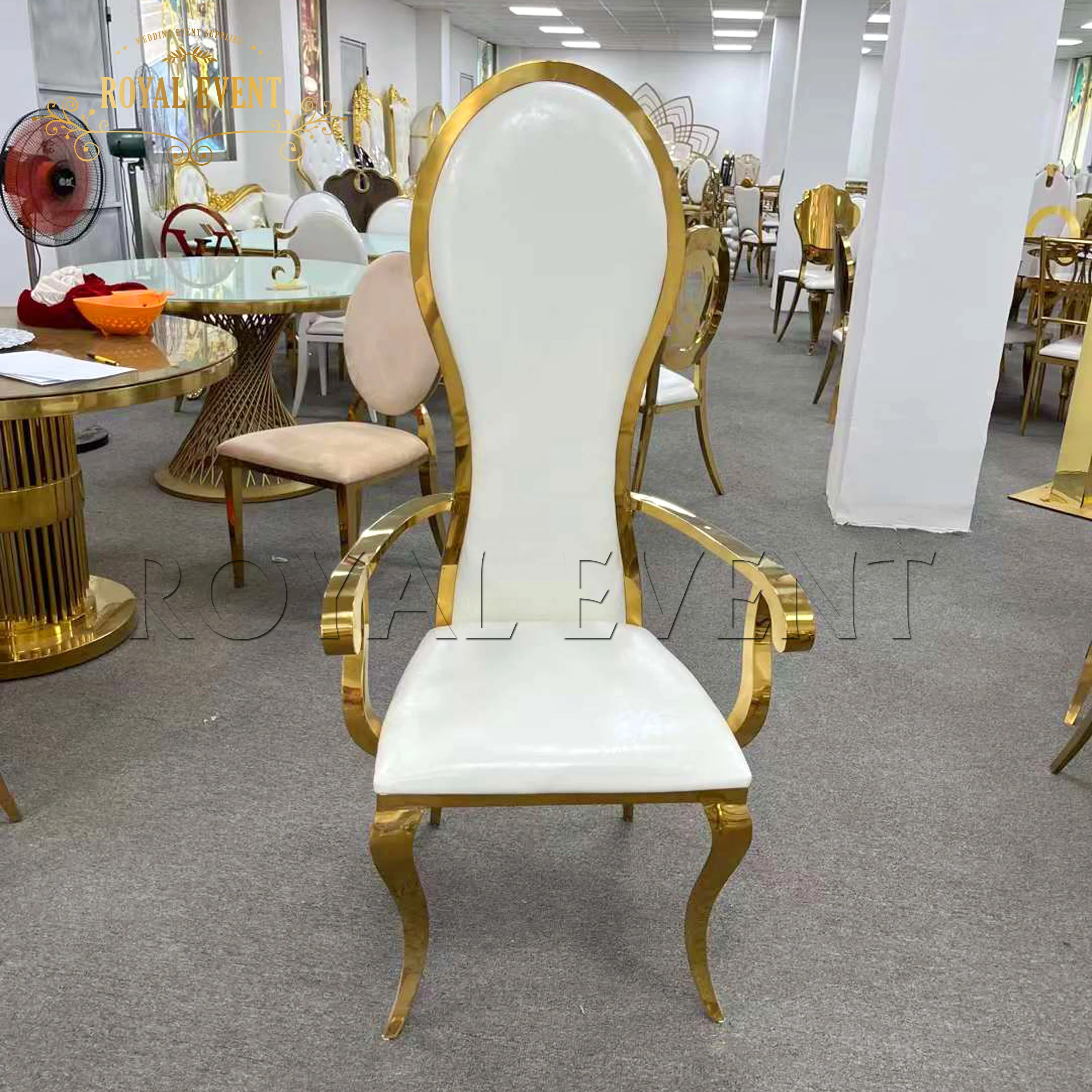 Luxury Golden Stainless Steel Armrest Wedding Chair Leather Throne Dining Chairs For Bridal And Groom