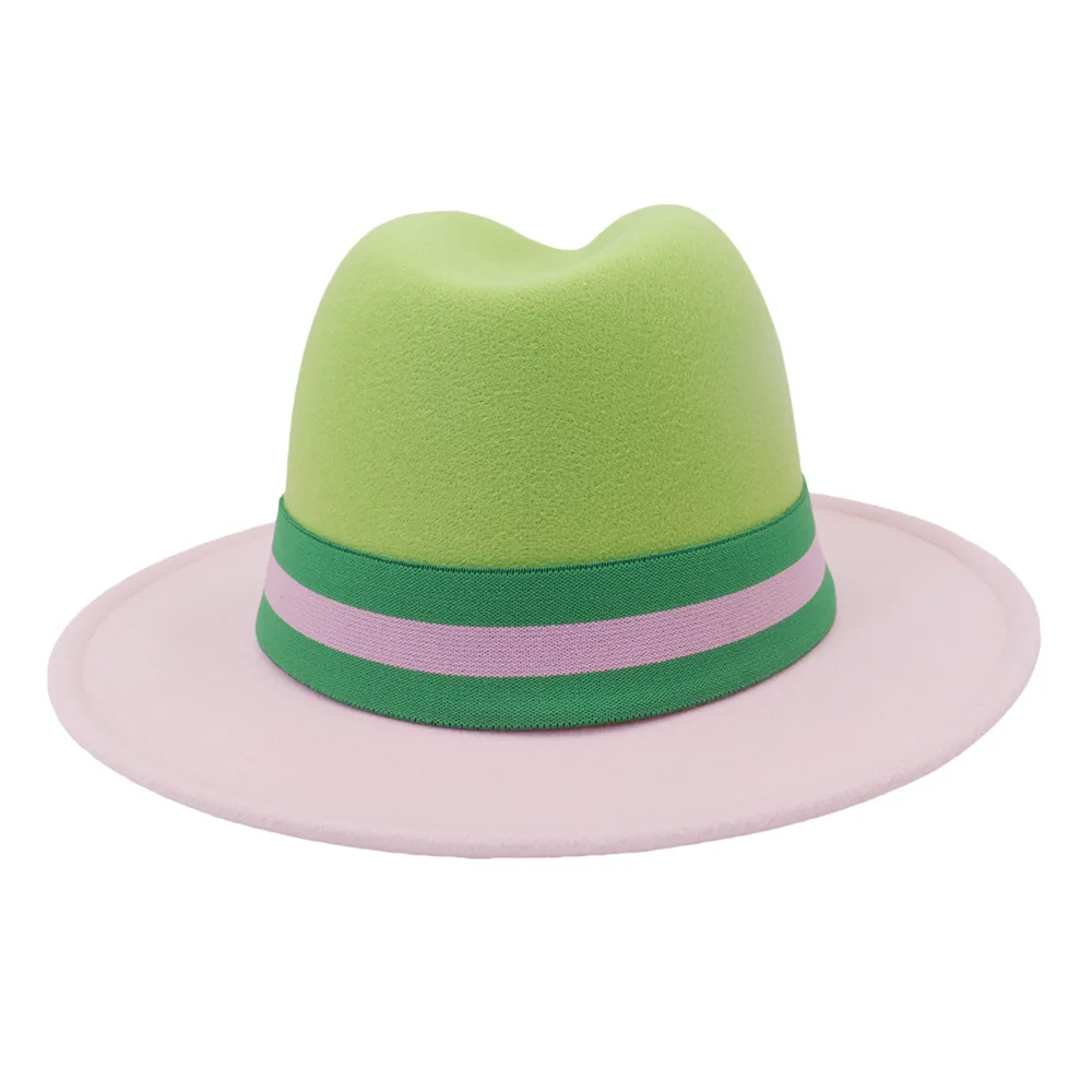 FS Christmas Wool Felt Jazz Hat Women Men Wide Brim Hats Trilby Ladies Green Pink Patchwork Panama Fedora Cap Hats With Ribbon
