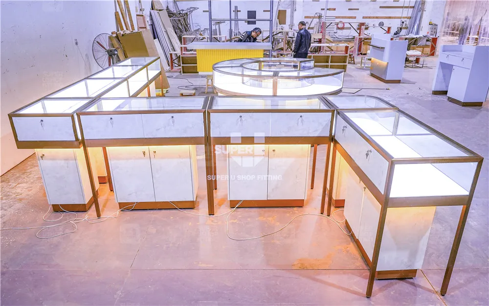 Custom Gold Metal Jewellery Display Showcase Rectangle Glass Jewelry Display Counter Table for Jewelry Shop