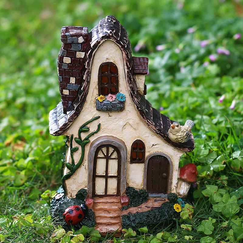  Time Slow 1pcs Fairy House Resin Crafts Outdoor Balcony Villa Ornament Garden Room Decor Miniature Landscape Cartoon