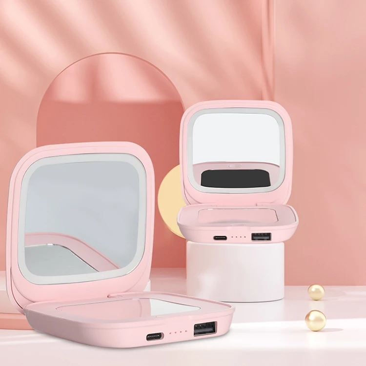 Производство на заказ, квадратные Розовые складные компактные зеркала для туалетного столика, светодиодные лампы по краю с подсветкой