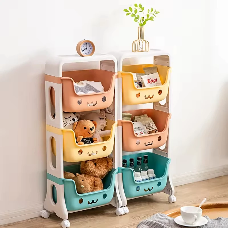 China Gold Supplier Movable 1-4 Layer Cartoon Smile Toy Organizer Trolley Plastic Kids Storage Rack With Wheels