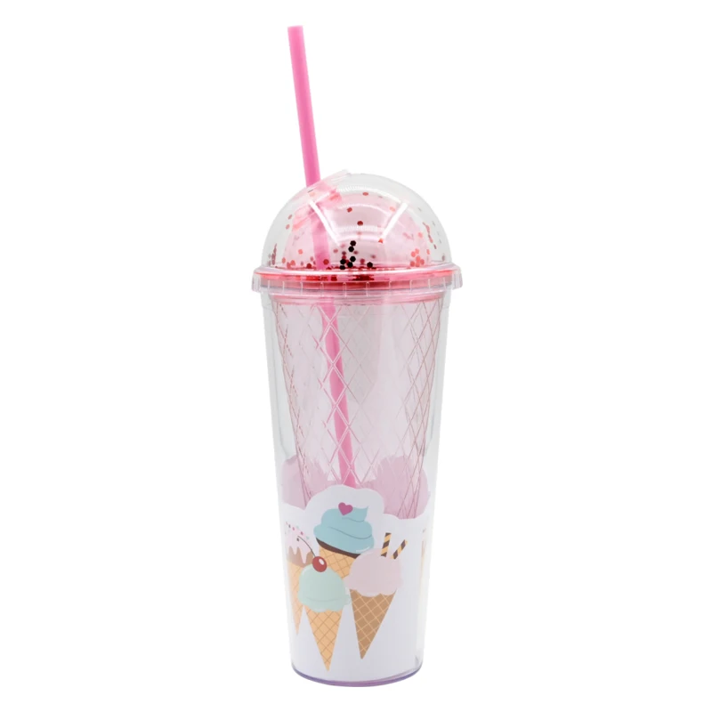 Customized Transparent Juice Mug Promotional 15oz Double Walled Plastic Ice Cream Tumbler Mug With Straw