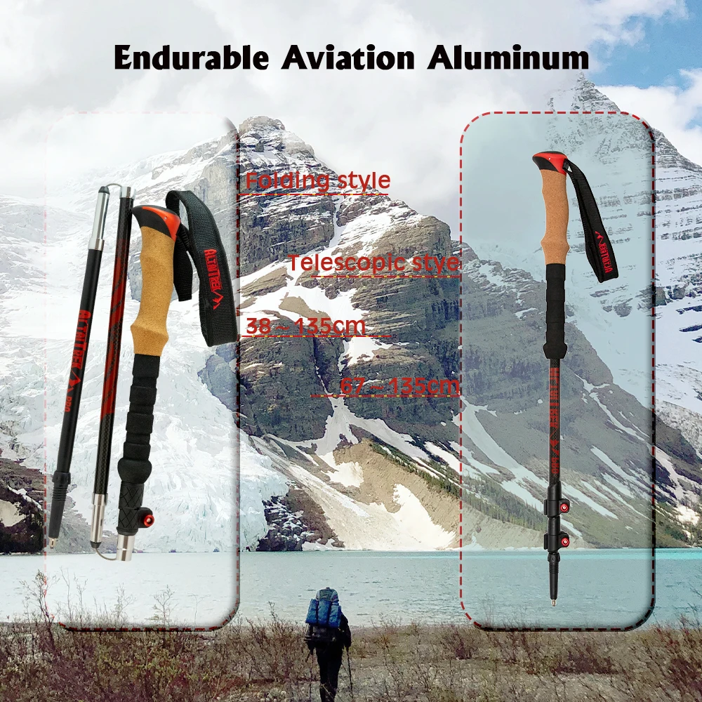 Foldable 3K Carbon Fiber Folding Trekking Poles Collapsible Hiking Poles Stick with Stable Twist Lock