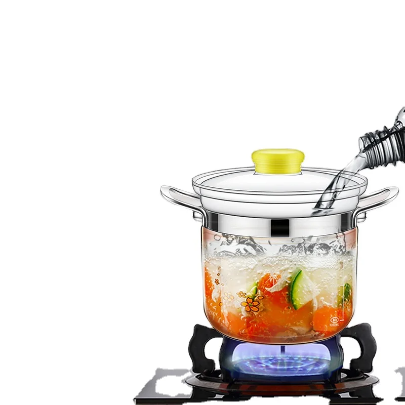 Newly designed borosilicate transparent glass cooking pot set with stainless steel