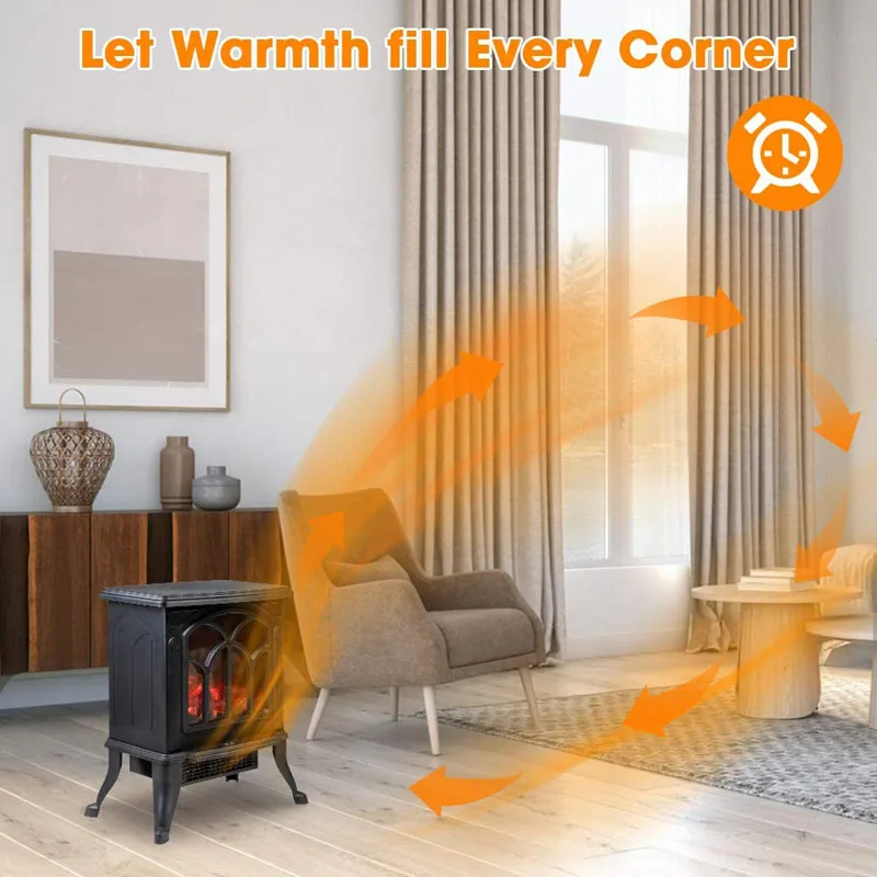 Portable Electric Fireplace Heater Stoves with 3D Realistic Flame Effect, 1500W Freestanding Stove Heater Thermostat