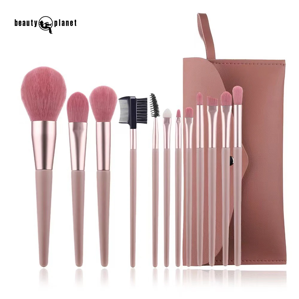 Beauty Planet Wholesale Professional Makeup Brush Set Pink Handle 12pcs Make Up Brush Set Cosmetic Bag Tool Box Storage Pouch