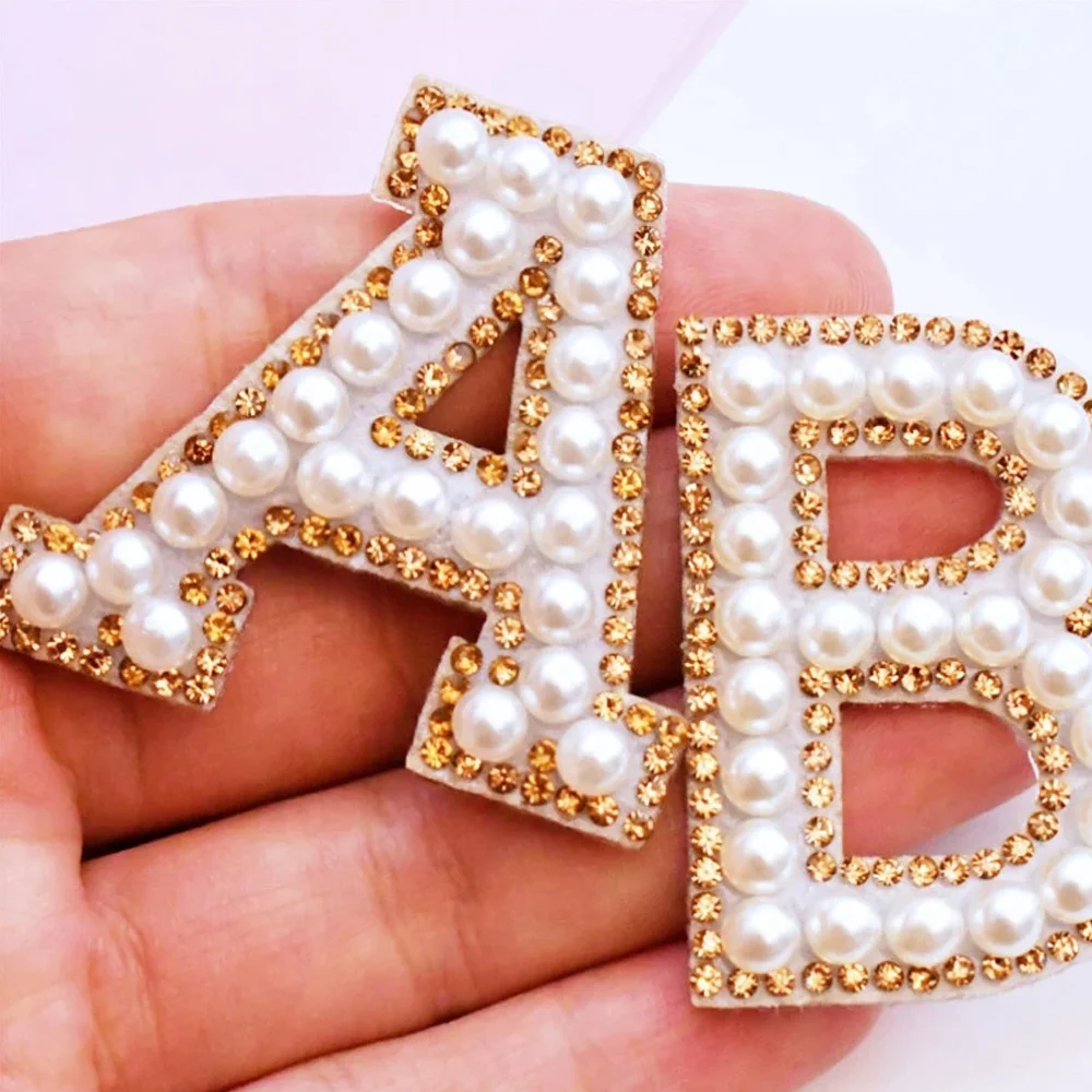 DIY Patch Cute Initial Pearl Patches Alphabet Pearl Rhinestone Words Ironing on Patches Applique