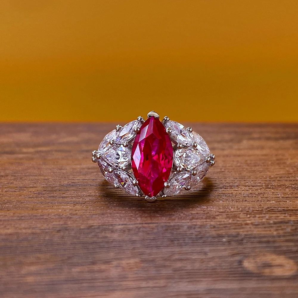 Fine Jewelry 925 Silver Gold Plated Lab Grown Ruby Rings for Women Marquise Cut Red Ruby Cocktail Ring