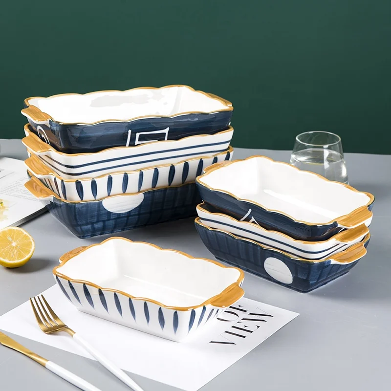 Nordic Japanese Ceramic Tableware Baked Rice Baking Pan Household Binaural Lace Corrugated Dish Plate Tray Baking Bowl Creative