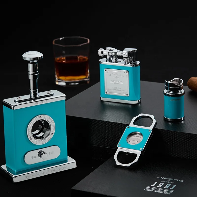 JIFENG JF-TZ263 New arrival popular color luxury business gift for cigar lover metal cigar cutter and lighter gift set accessory