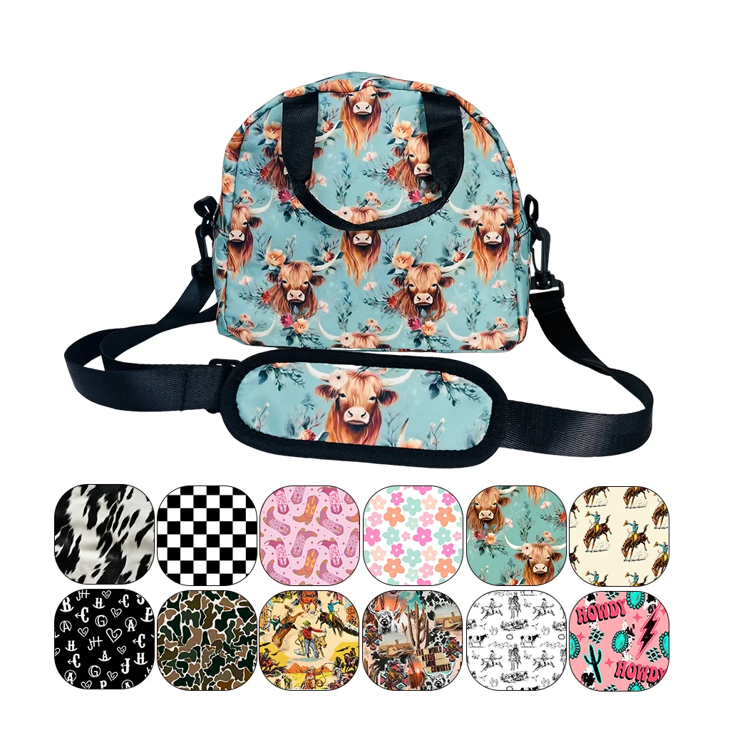 Customization Western Style Cow Print Lunch Bag with Adjustable Shoulder Strap Suitable for Office Work, School, Outdoor Picnic