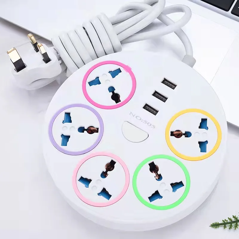 British socket 2M extension cord 5-way socket surge protector tower power strip with 3 USB charging ports