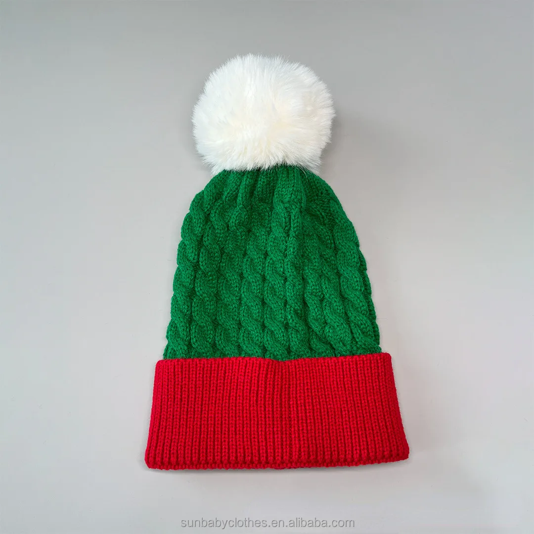 Ready to Ship New Arrivals Green Red Christmas Knitting Hat Family Matching Mommy and Me Holiday Cap