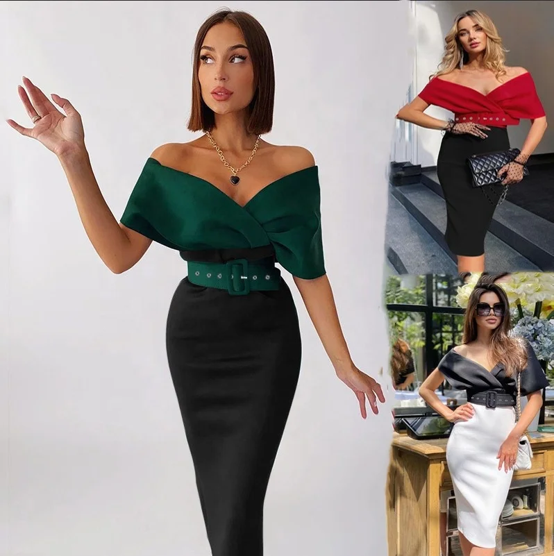 Plus Size Office Dresses Women Formal Work V-Neck With Belt Woman Dresses Formal Elegant Party African Dress Designs