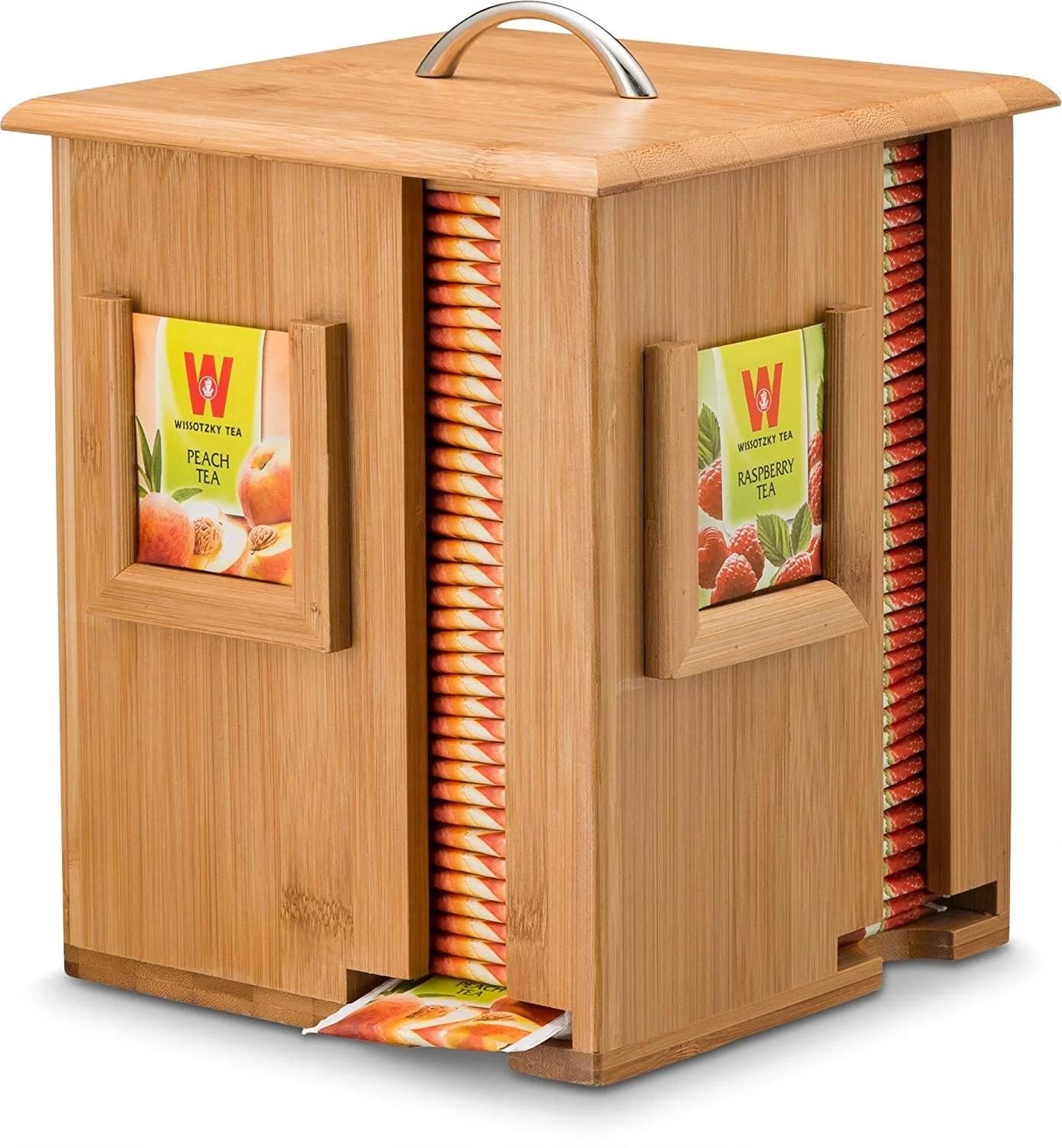 360 Rotating Tea Bag Caddy Organizer - Smooth Solid Bamboo Countertop Teabag Holder with 4 Compartments