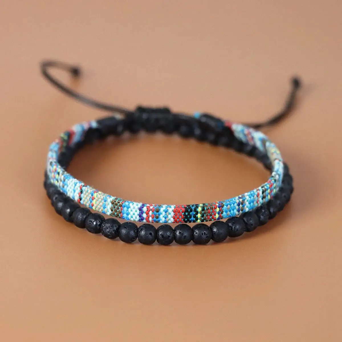 2 Pcs Set Bohemia Style Handmade Woven Tape Bracelet with 4mm Lava Stone Beads Charm Bracelet for Men and Women
