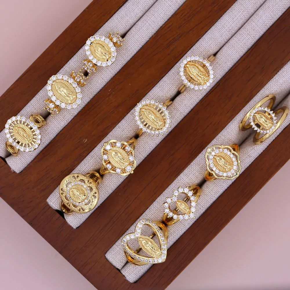 Wholesale Catholic Religious Jewelry Items Gold Plated Open Cuff Micro Pave Cubic Zirconia Virgin Mary Rings Catholic Jewelry