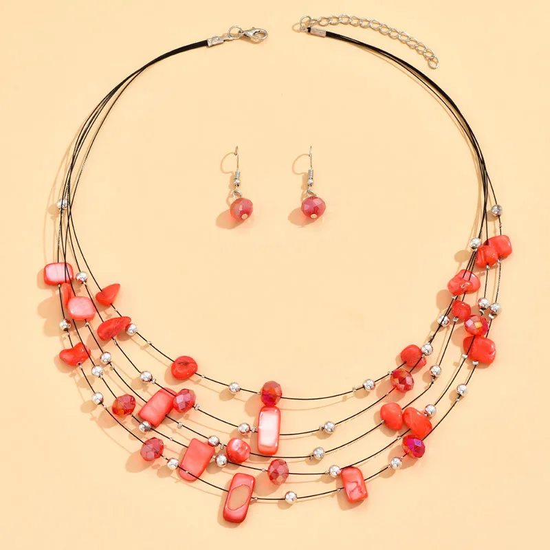 Zooying Boho Beaded New Design Jewelry Fashion Women Vintage Colorful Natural Stone Crystal Chocker Charm Earrings Necklace Set