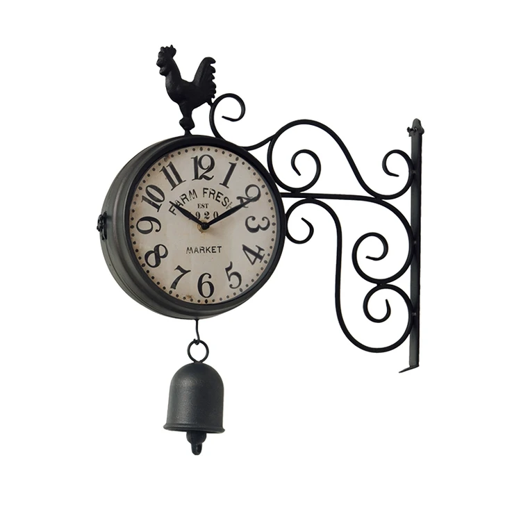 Garden Double Clock with Bell Outside Decoration Retro Style Double Sided Wall Clock