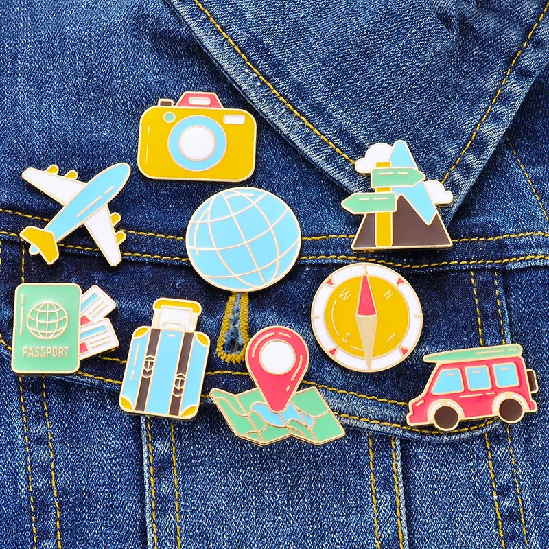 
Wholesale Cute Airplane Earth Suitcas Backpack Sweater Denim Shirt Accessory Lapel Pin Metal Ename Brooch Badge For High Quality 