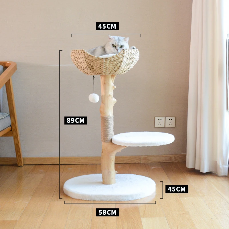Modern Cat Tree Tower for Indoor Cats Real Branch Wood Kitty Tower Cat Scratching Post Jumping Platforms Natural Wood Pet Tree