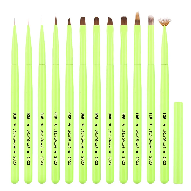 Custom Own Label Neon Green Plastic Handle Nylon UV Gel Ombre Nail Art Brushes 2024 New Nail Art Liner Brush