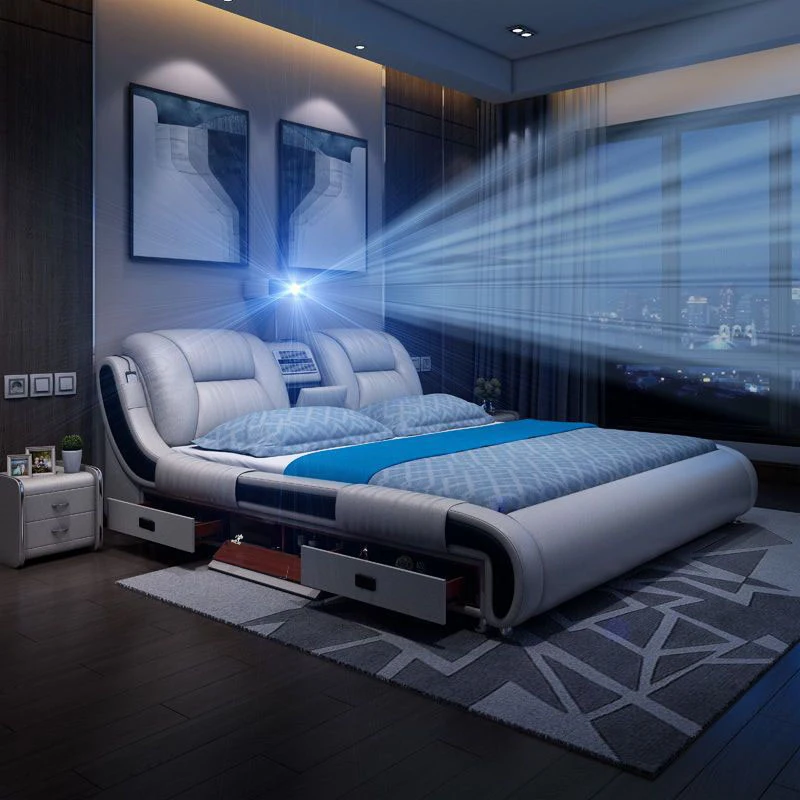 Luxury Multifunctional Queen Double Leather Bed Home Bedroom Furniture Modern Wooden King Size Smart Bed With Tv Projector