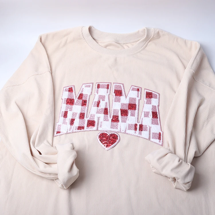 New arrival mama clothes patches embroidery iron on big size red pink glitter chenille sequin mama checkered patch for shirt