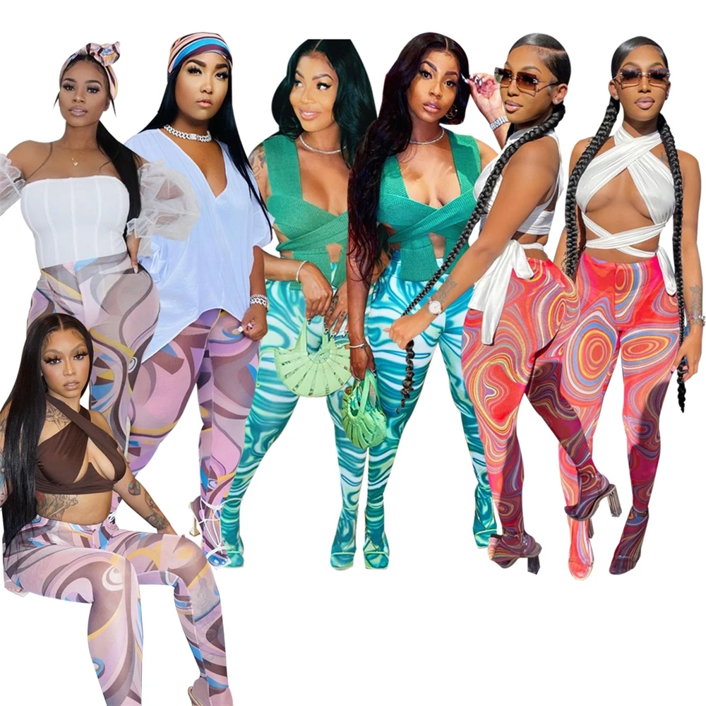 
EB-20060403 2021 New Arrivals Sweat Pants Flare Cargo Track Pants Joggers Stacked Mesh See Through Pants Sweatpants Leggings 