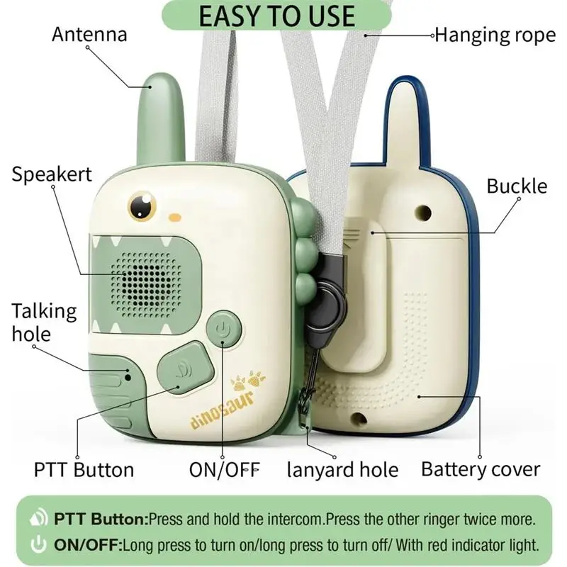 2pcs Kids Dinosaur Walkie Talkie Toy Long Range Mini Handheld Button Interphone Outdoor Wireless Transmission Walkie-talkie Toy