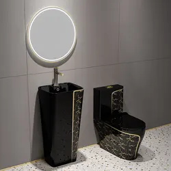 Sanitary ware luxury siphonic flush bathroom wc one piece ceramic toilet and sink set black gold color toilet bowl