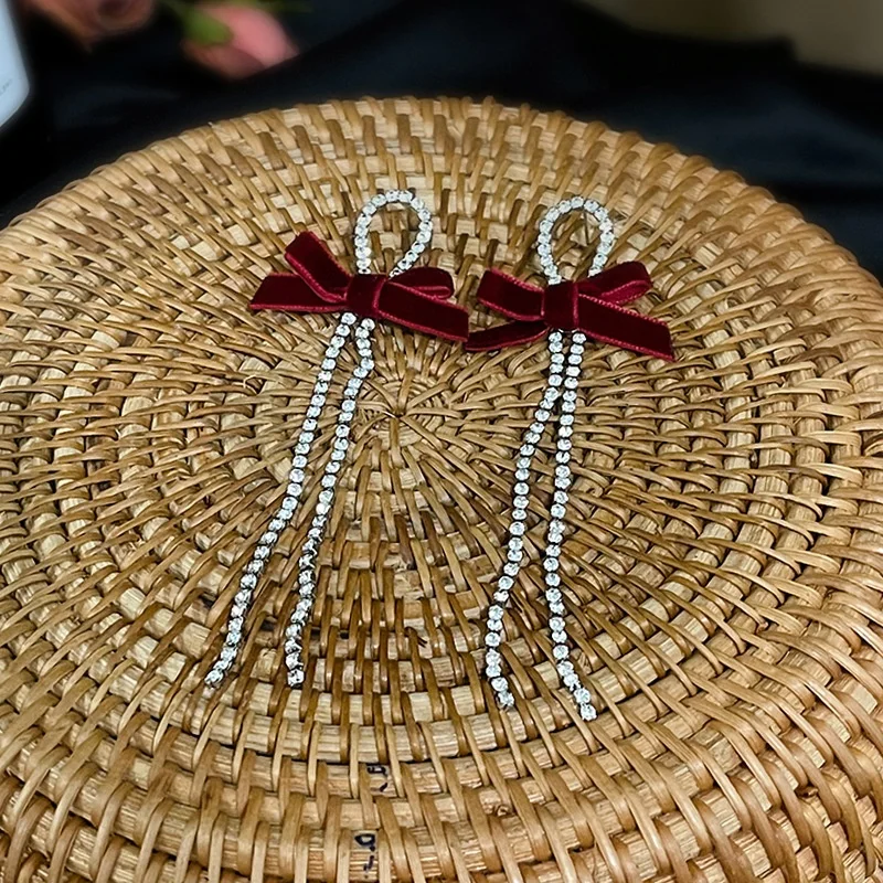 Women Girls Wedding Bride Hair Accessories Red Velvet Bow Clip Rhinestone Chain Tassel Hair Bows