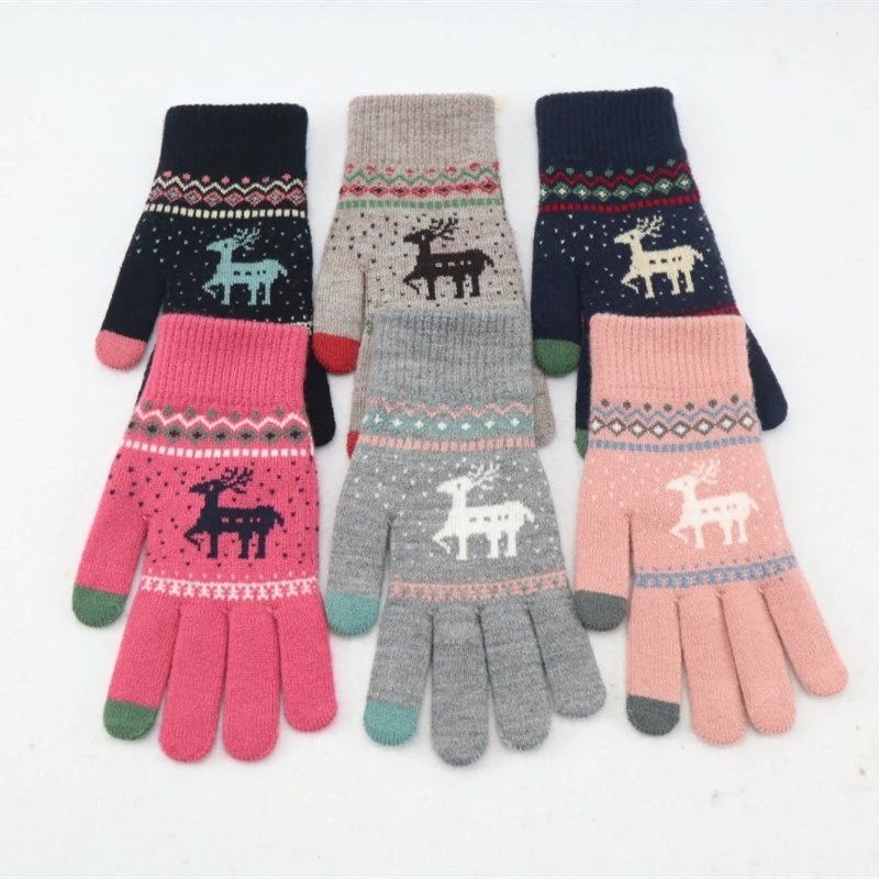 Жаккардовые перчатки с рисунком лося для женщин, плотные вязаные перчатки из акрила, сохраняют тепло